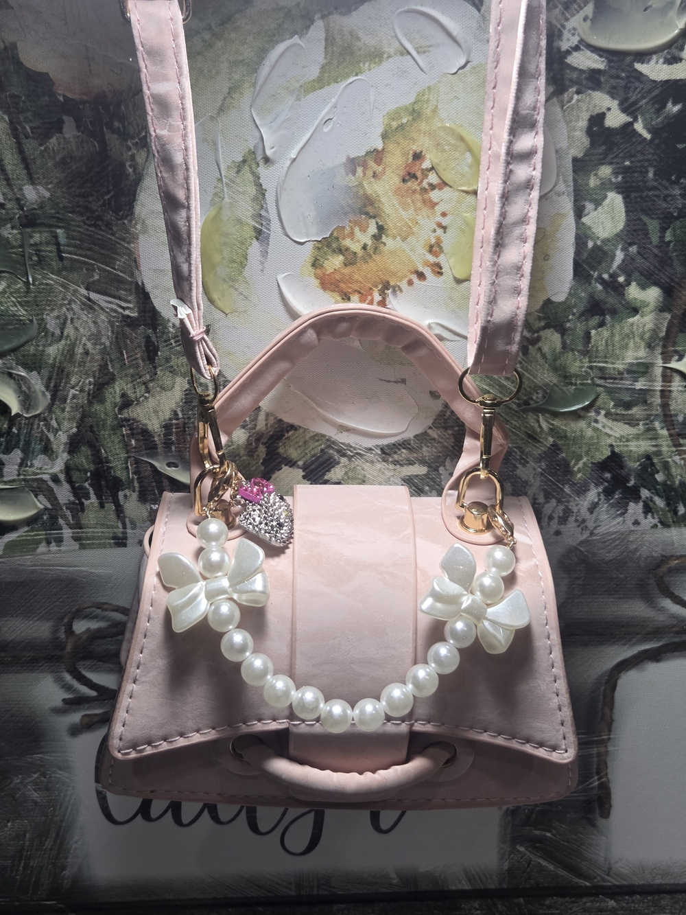 Mini Pale Pink Handbag with Pearl Floral Charm
